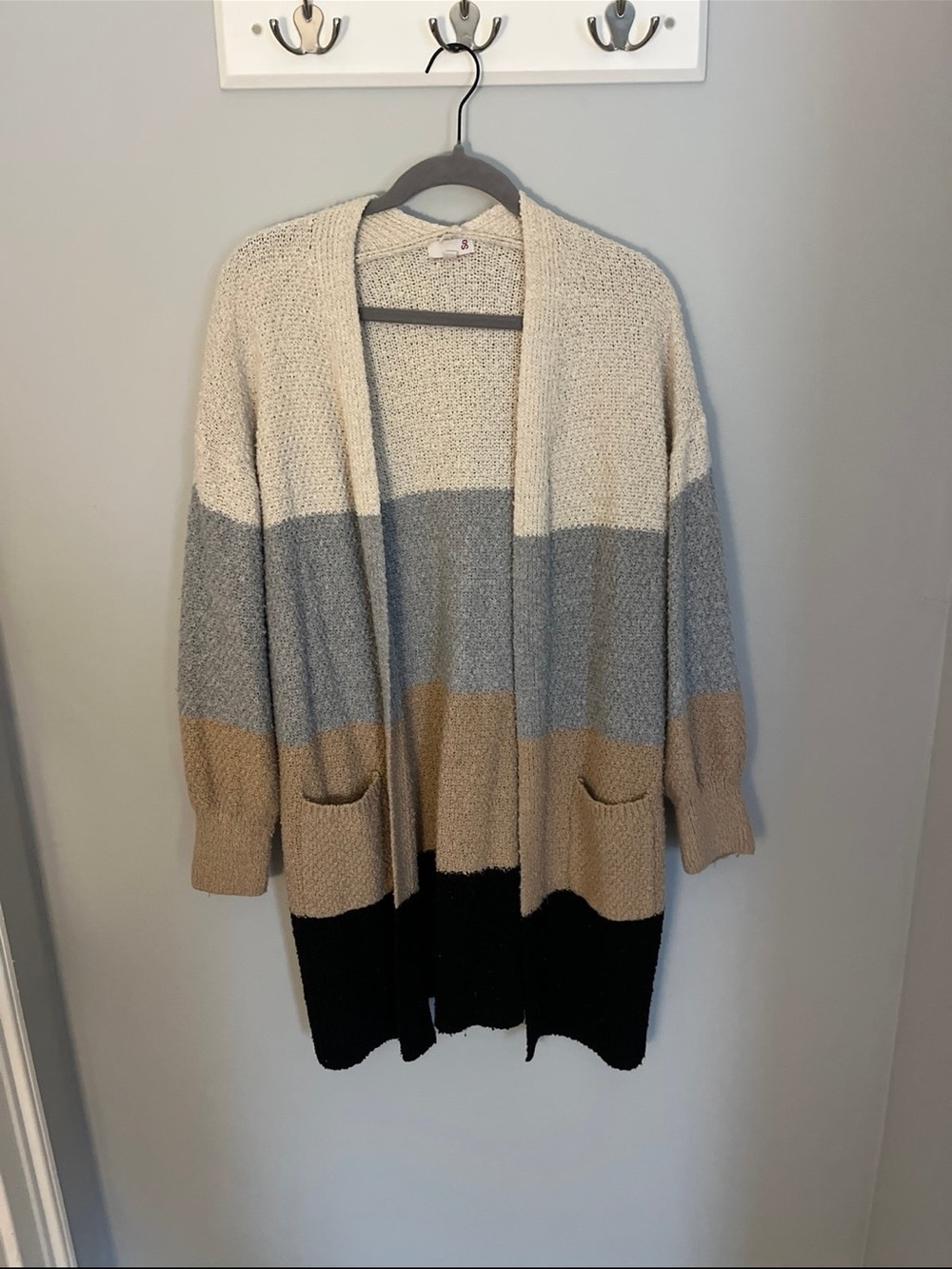 SO Neutral Colorblock Open-Front Cardigan - Beige, Gray, Tan, Black